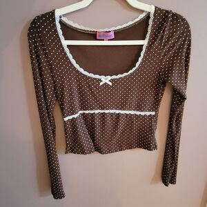 Edikted Brown and White Polka Dot Lace Long Sleeve Top